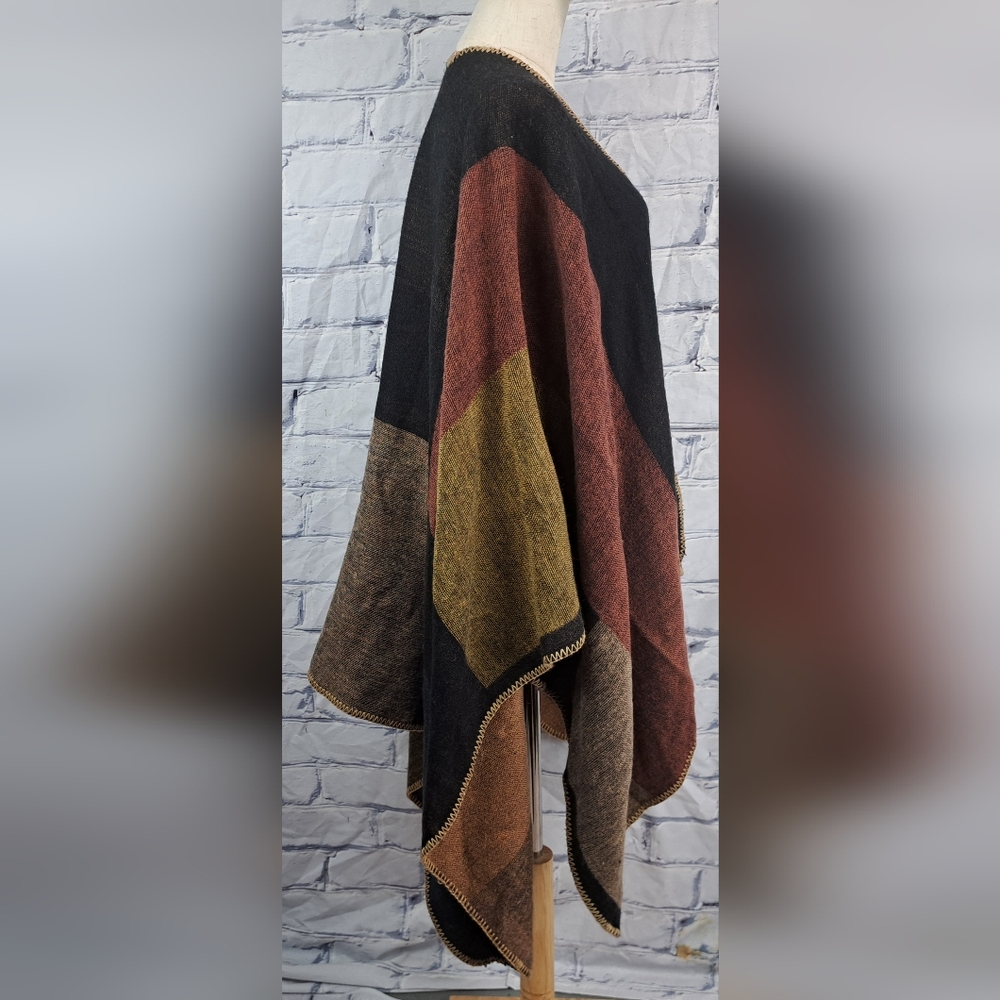 Danier Womens Cape Poncho Boho Wrap Blanket Shawl Open Front Colorblock One Size - Picture 4 of 13